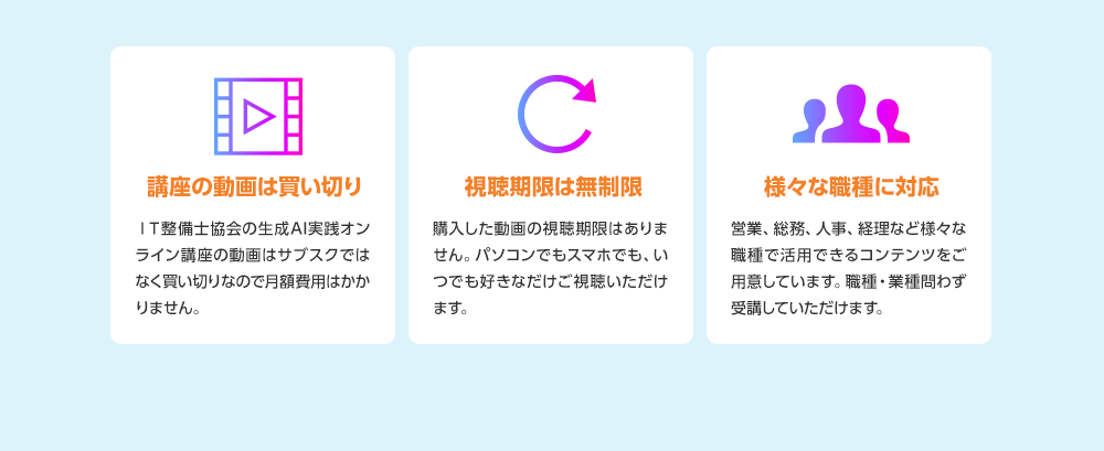 講座の動画は買い切り 視聴期限は無制限 様々な職種に対応