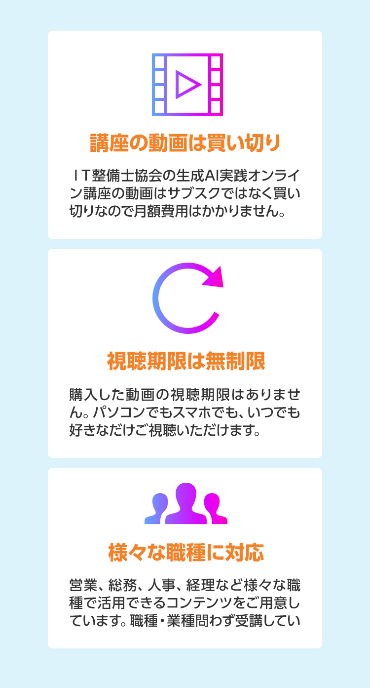 講座の動画は買い切り 視聴期限は無制限 様々な職種に対応